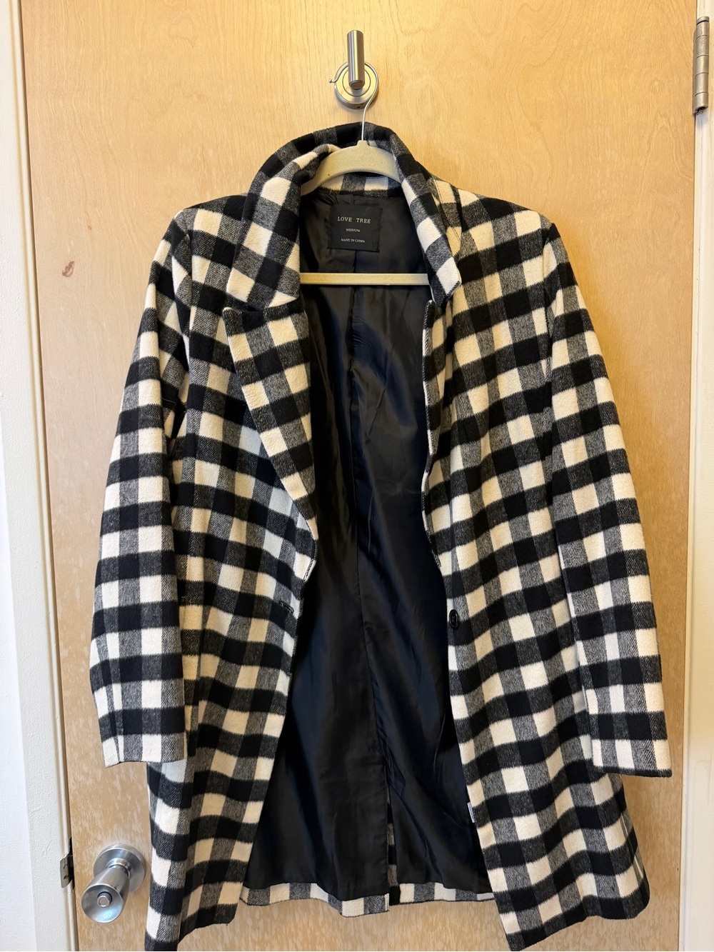 Love Tree Black & White Plaid Pea Coat